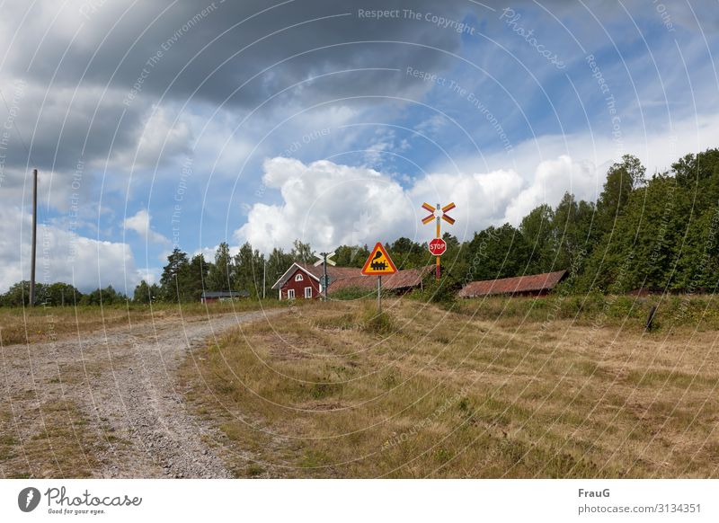 Way to the level crossing in Sweden off stones gravel Grass houses Building Road sign Danger sign Stop sign Railroad crossing Forest Pole Cables Sky Clouds