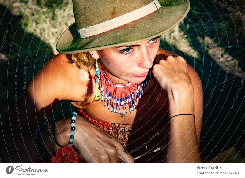 A young Boho girl with a hat Lifestyle Joy Happy Beautiful Relaxation Tourism Summer Beach Woman Adults Friendship Youth (Young adults) Happiness Together