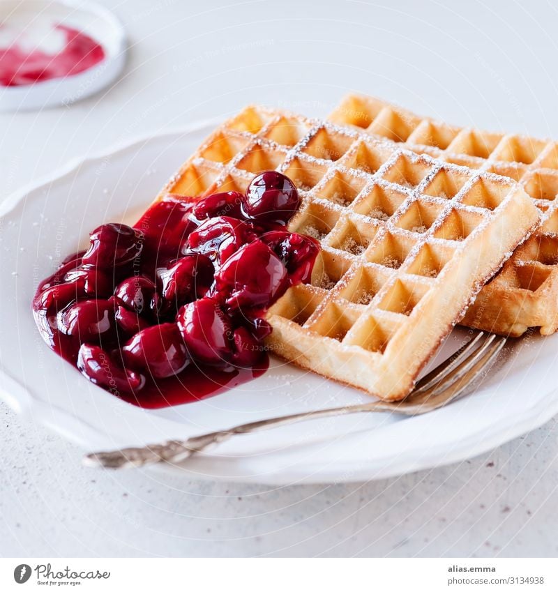 Fresh waffles with hot cherries Food Cake Nutrition To have a coffee Plate Fork Eating Yellow Red White Waffle Fruit Baking Cherry Hot Sweet Belgian waffles