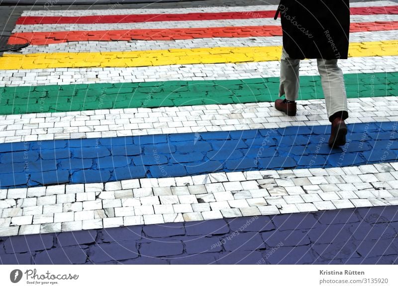 rainbow zebra crossing Lifestyle Freedom Legs 1 Human being Transport Road traffic Pedestrian Street Sign Going Infinity Positive Acceptance Tolerant Peace