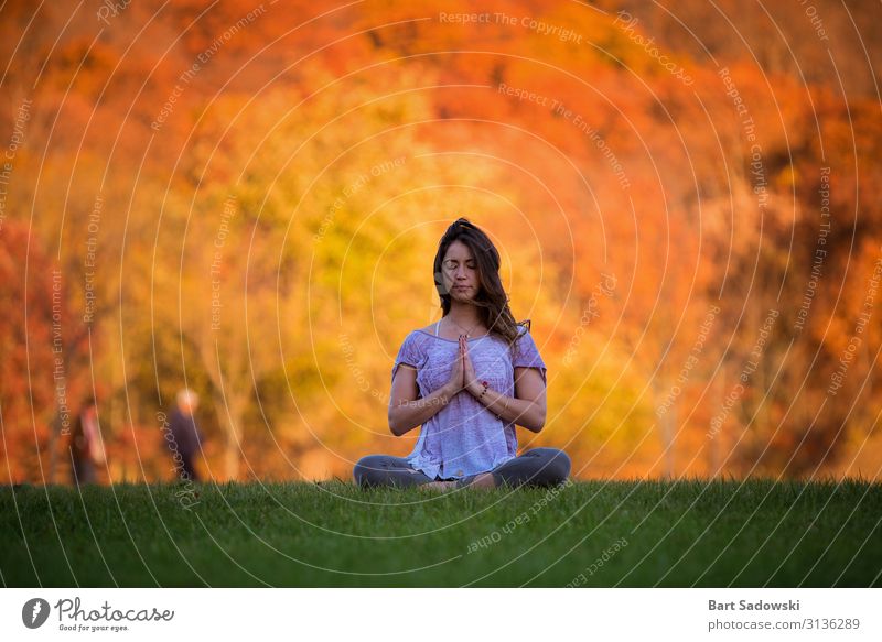 Autumn colors Outdoor Meditating woman Joy Health care Alternative medicine Harmonious Well-being Relaxation Calm Meditation Yoga Woman Adults 1 Human being