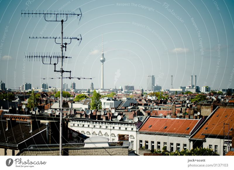 Antenna for the city Sky Beautiful weather Neukölln Roof Domestic antenna Landmark Berlin TV Tower Authentic Horizon Environment Far-off places Ready to receive