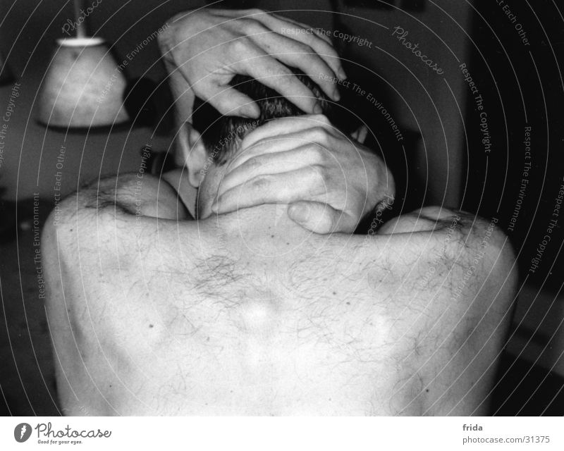without face Man Grief Hand Loneliness Fingers partial act Back Black & white photo Pain Moody Ear
