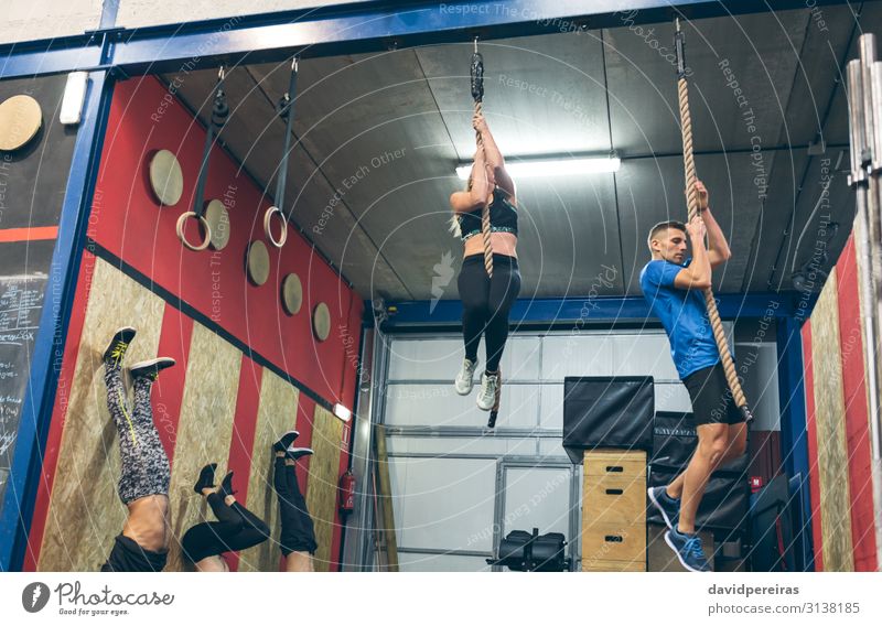 Group training at the box Lifestyle Sports Human being Woman Adults Man Fitness Athletic Authentic Strong Effort Climbing rope cross fit Gymnasium