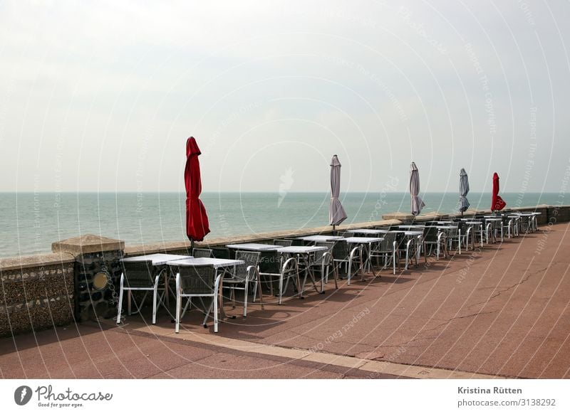 empty terrace by the sea Vacation & Travel Tourism Beach Ocean Chair Table Restaurant Beach bar Gastronomy Water Horizon Coast Lake Le Havre France Europe