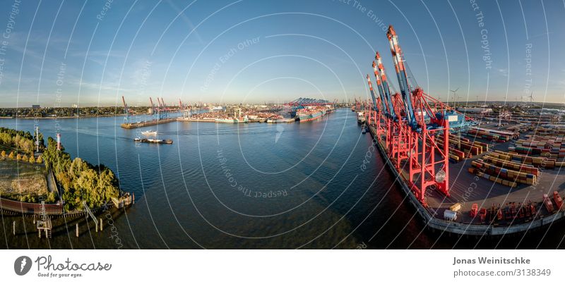 Panorama of a container terminal in Hamburg Environment Landscape Cloudless sky Climate Climate change Beautiful weather Capital city Port City Navigation