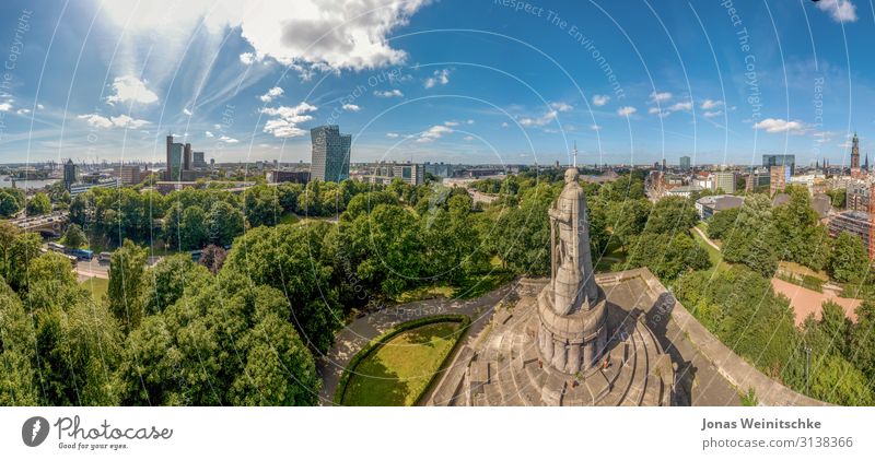 Panorama of Hamburg at the Bismarck Monument Capital city Port City Downtown High-rise Industrial plant Church Park Places Tower Manmade structures Building