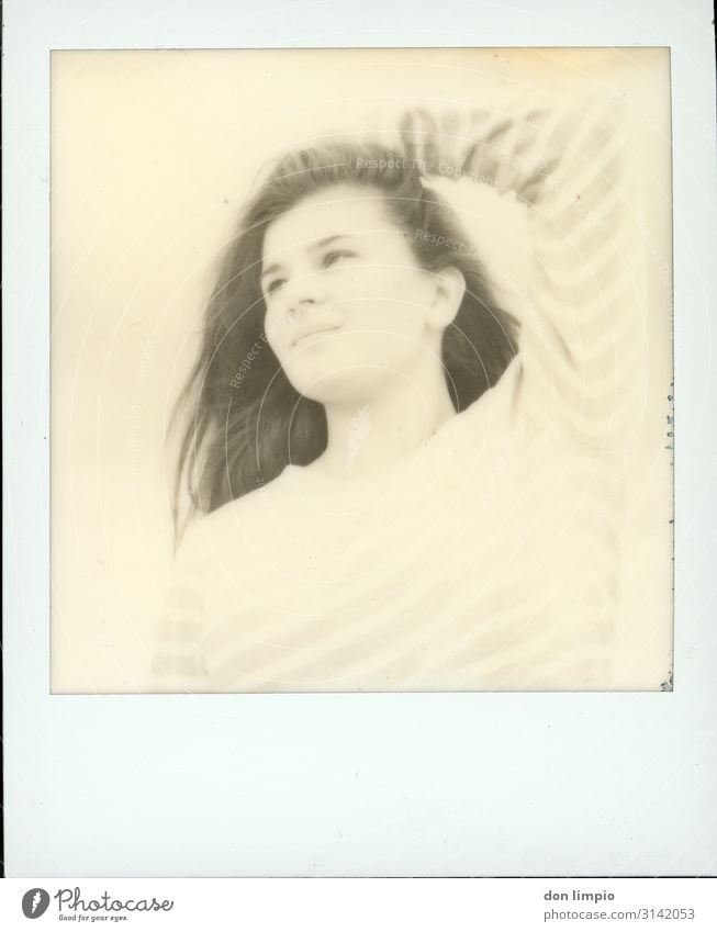 let's try... Feminine Young woman Youth (Young adults) Head 1 Human being 18 - 30 years Adults Wait Polaroid Black & white photo Exterior shot Copy Space bottom