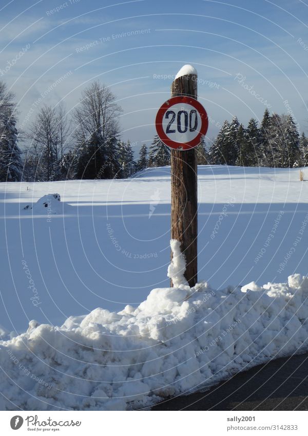 Speed limit in winter... 200 Fraud Winter top speed Snow Street Road sign Exterior shot Transport Traffic infrastructure Motoring Road traffic Sign