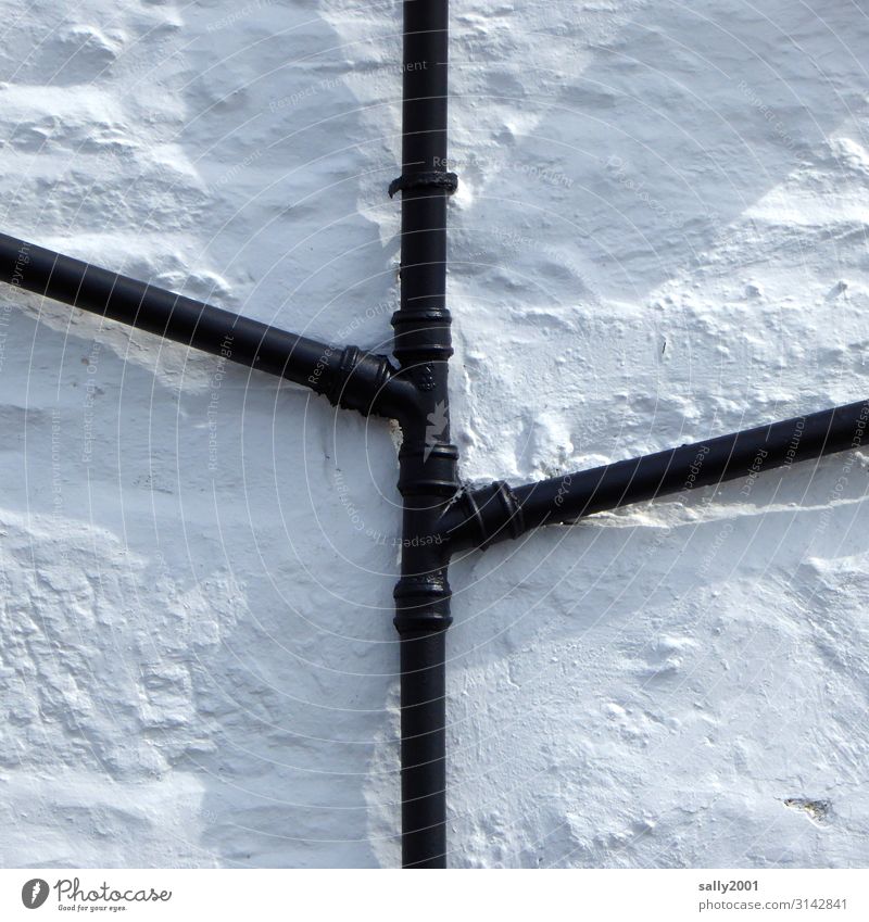Drains in black and white... conduit Drainage Drainpipe Black Connection rainwater drainpipe Facade White black on white Central centred house wall