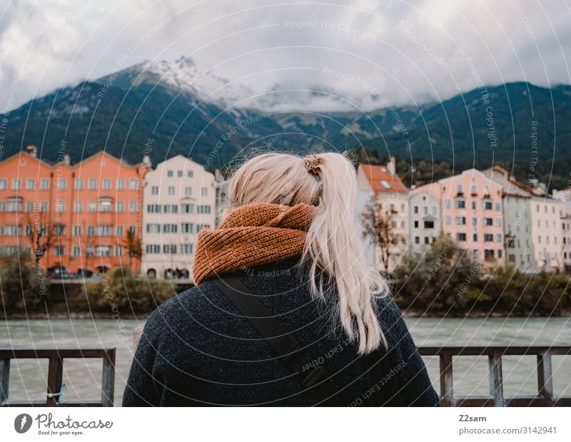 Girl. City. mountain Lifestyle Elegant Style Vacation & Travel Sightseeing Mountain Young woman Youth (Young adults) 18 - 30 years Adults Nature Sky Clouds