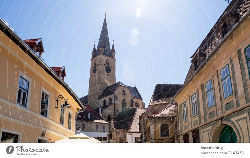 Sibiu Sky Sun Sunlight Summer Romania Town Downtown House (Residential Structure) Church Tower Manmade structures Building Facade Window Door Roof