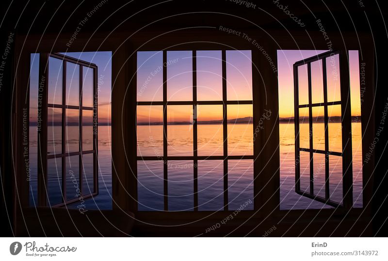 Sunrise over Ocean Through Black Window Panes Beautiful Relaxation Vacation & Travel Wallpaper Environment Nature Landscape Horizon Fresh Uniqueness New Pink