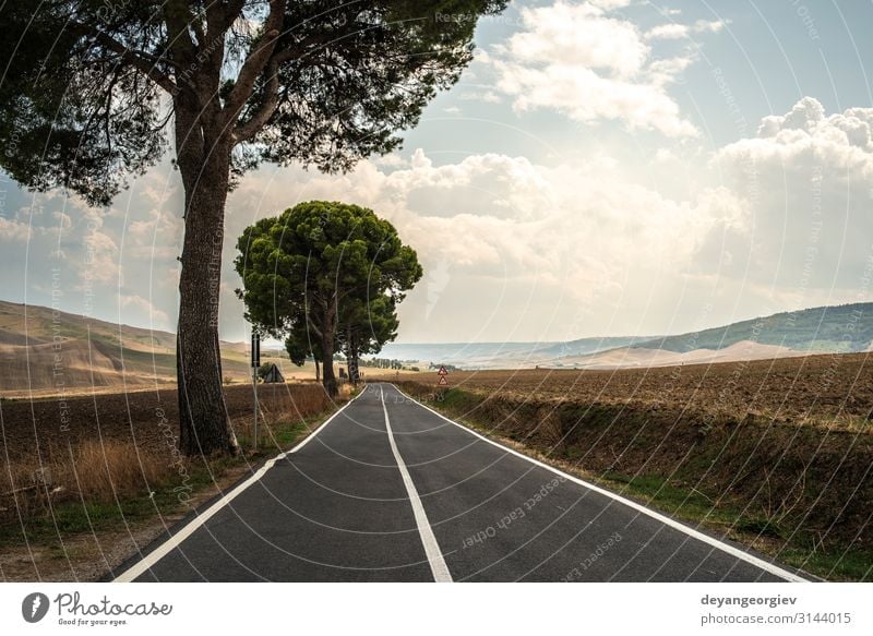 Old asphalt road with white line. Vacation & Travel Trip Summer Mountain Nature Landscape Sky Horizon Transport Street Highway Line Blue Colour Perspective
