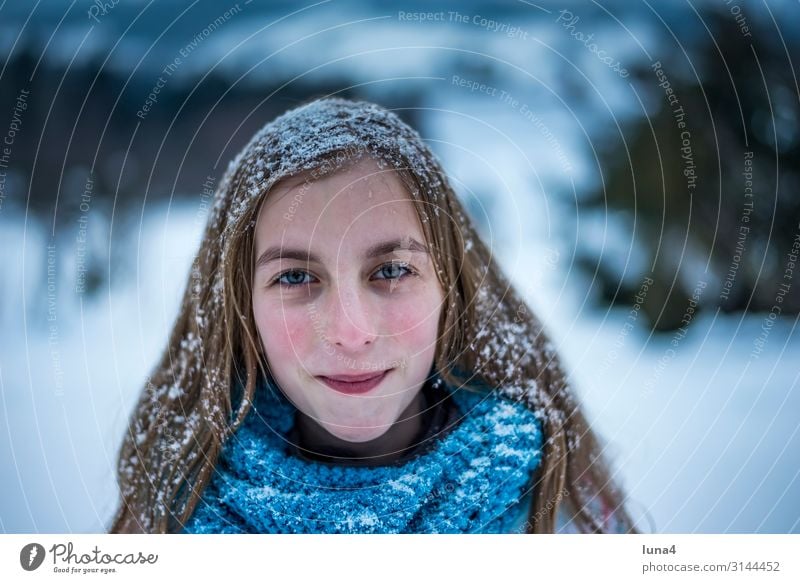 Girl with snowy hair Joy luck Contentment Leisure and hobbies Vacation & Travel Winter Snow Child girl Landscape Weather Snowfall peel Happiness chill Emotions