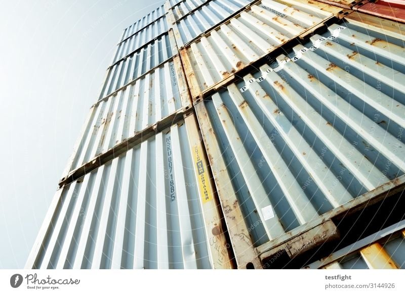 container Logistics Threat Blue Green Trade Container Container terminal Container cargo Rust Steel Metal Large Colour photo Exterior shot Copy Space left Light