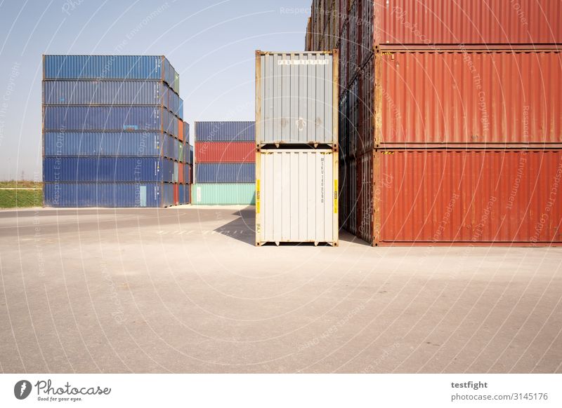 container terminal Industry Trade Logistics Sharp-edged Container pile Colour photo Exterior shot Deserted Copy Space bottom Light Shadow Sunlight