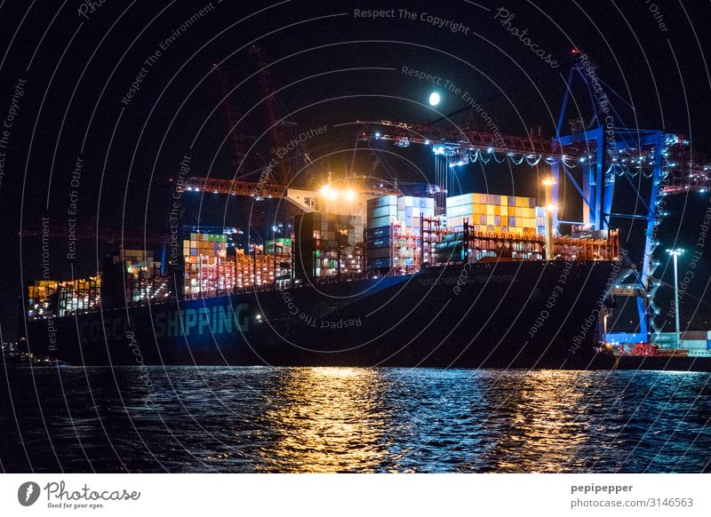 giant container ship Workplace Harbour Economy Logistics Machinery Technology Night sky River bank Port of Hamburg Port City Tourist Attraction Transport