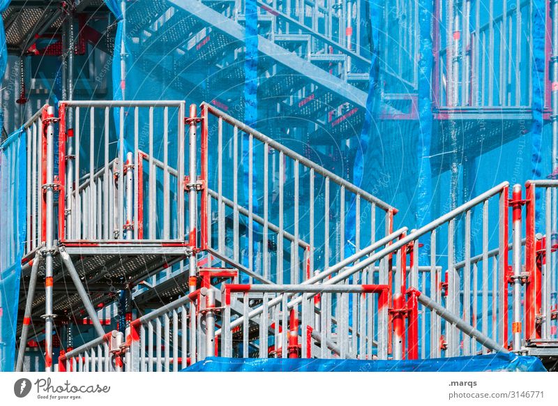 makeshift Construction site Stairs Banister Blue Gray Red White Perspective Colour photo Exterior shot Deserted Copy Space right Copy Space top