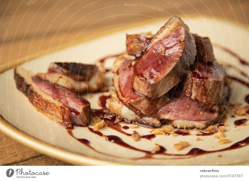 duck breast Meat Vegetable Fruit Lunch Dinner Plate Restaurant Dark Delicious Red roasted Dish Meal Frying food Cooking poultry Gourmet Tasty fillet Slice Sauce