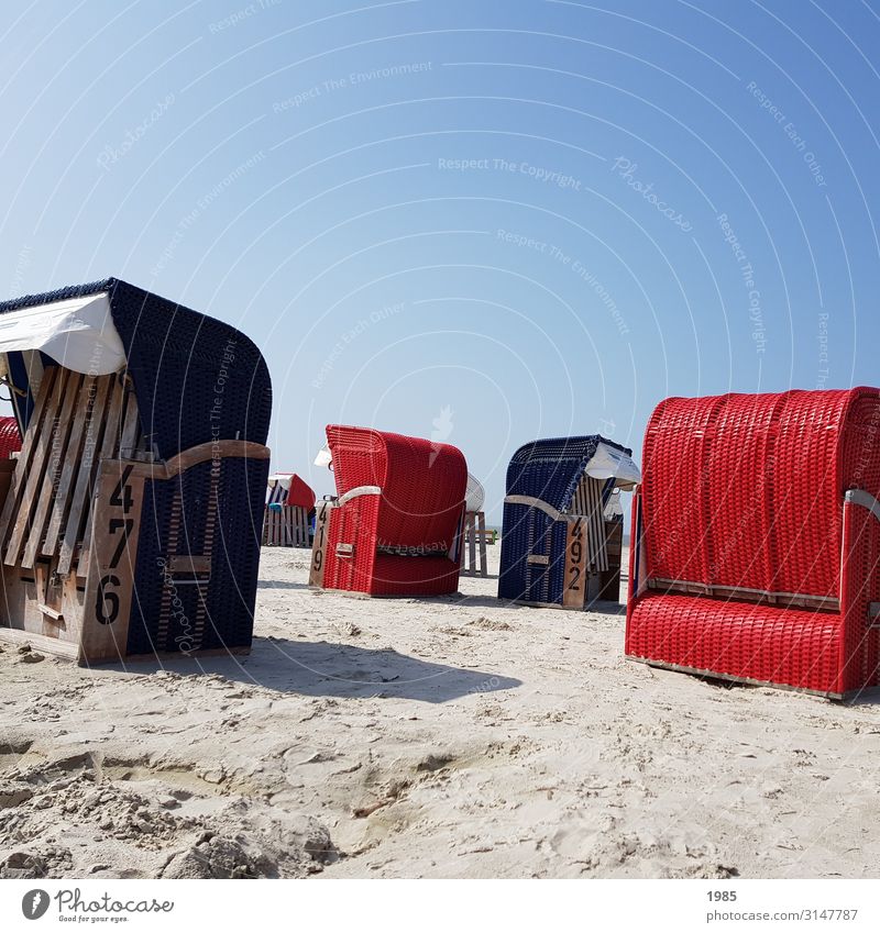 beach chairs Leisure and hobbies Vacation & Travel Trip Freedom Summer Summer vacation Beach Sand Cloudless sky North Sea Relaxation To enjoy Hot Bright Blue