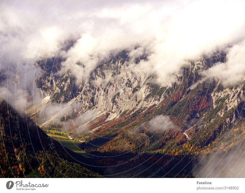 The valley Environment Nature Landscape Plant Elements Air Clouds Autumn Rock Mountain Far-off places Gigantic Tall Natural Brown Green White Valley Austria
