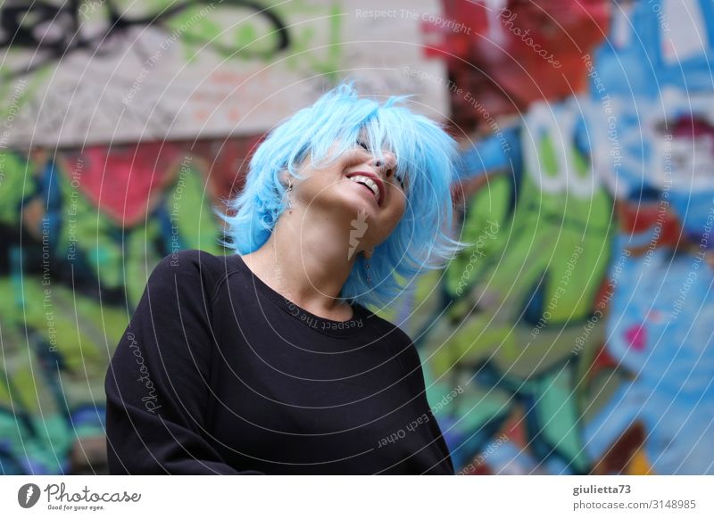 Being high, being free | UT HH19 | Laughing, dancing woman with blue hair Woman Adults Life Human being 30 - 45 years 45 - 60 years Short-haired Wig Smiling