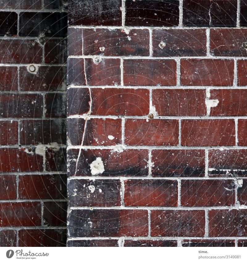 alpha front Wall (barrier) Wall (building) Facade Brick Brick wall Brick facade Seam Hollow Plaster Corner Rawplug Stone Line Stripe Old Broken Trashy Red Black