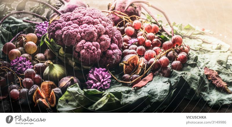 Purple fruit and vegetables Food Nutrition Shopping Design Healthy Healthy Eating Life Style Background picture Still Life Kohlrabi Cauliflower Bunch of grapes