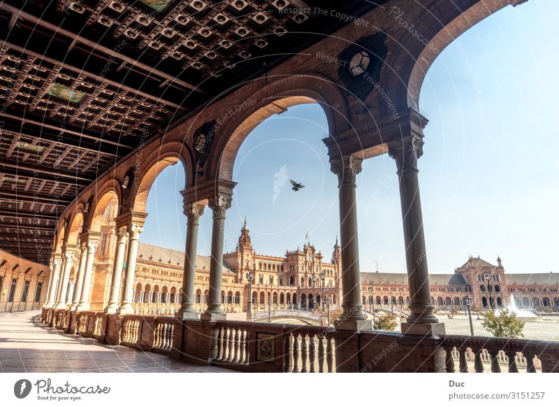 Beautiful architecture of the Plaza de Espana Seville Spain Plaza de España Andalusia Andalucia Europe Town Downtown Old town Deserted Palace Castle Places