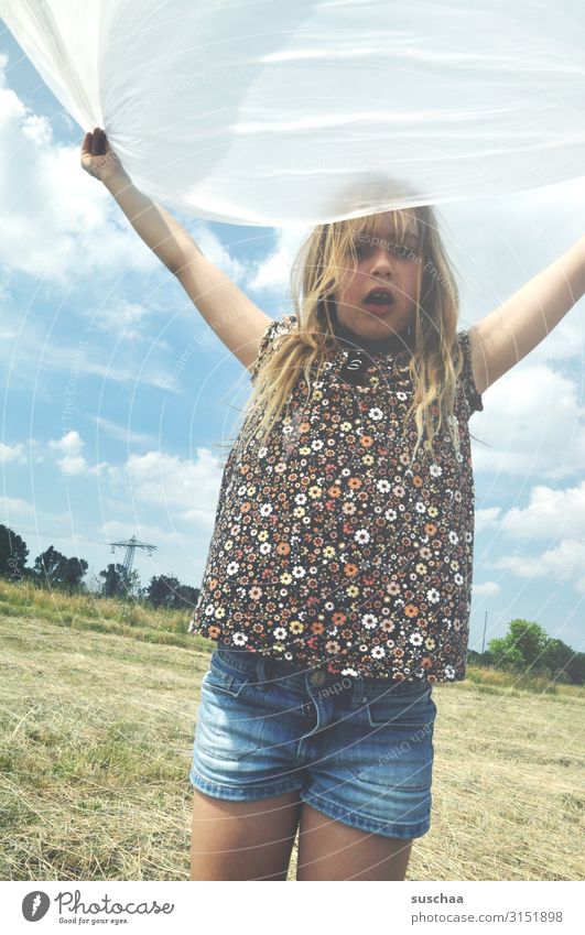 summer in the field Child Infancy Playing Romp Joy Experimental Flying Field Nature plastic plastic tarpaulin plastic foil Environment Judder Wind Dynamics