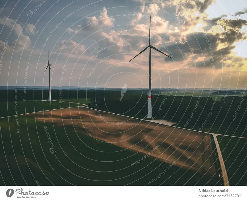 windmills Technology Advancement Future Energy industry Renewable energy Wind energy plant Environment Spring Summer Climate change Weather Meadow Field Forest