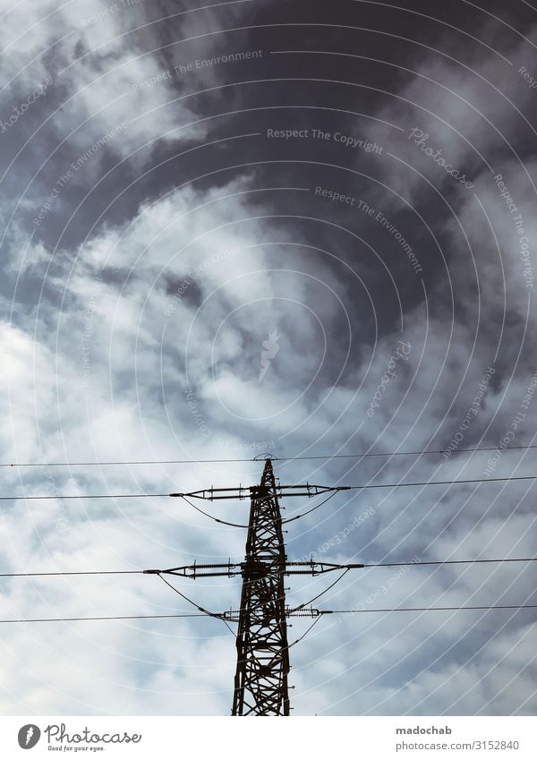 Streamlined stream Electricity pylon Energy Sky Clouds sustainability Force Supply Infrastructure Cable Power grid Provision Steel lines High voltage power line