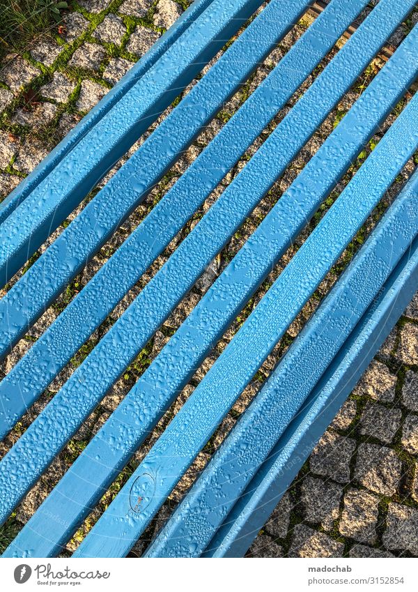 Rain bench - park bench seating break Autumn Climate Climate change Weather Bad weather Sit Wet Blue Solidarity Help Indifferent Comfortable Relaxation