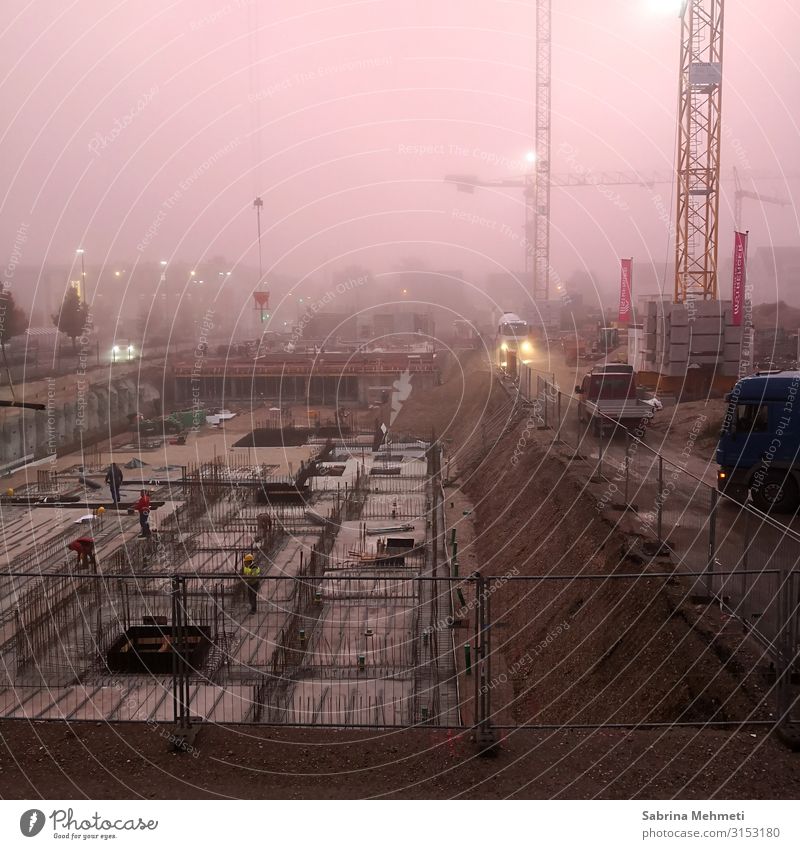 Construction site in the morning fog Craftsperson Industry Downtown Life Colour photo Exterior shot Dawn