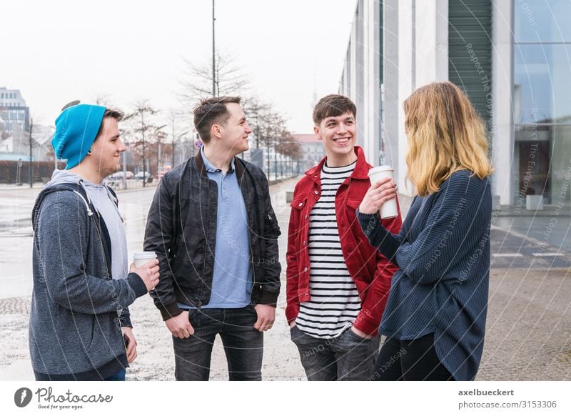 Group of friends talking on the street Drinking Coffee Latte macchiato Mug Lifestyle Leisure and hobbies University & College student Human being Young woman