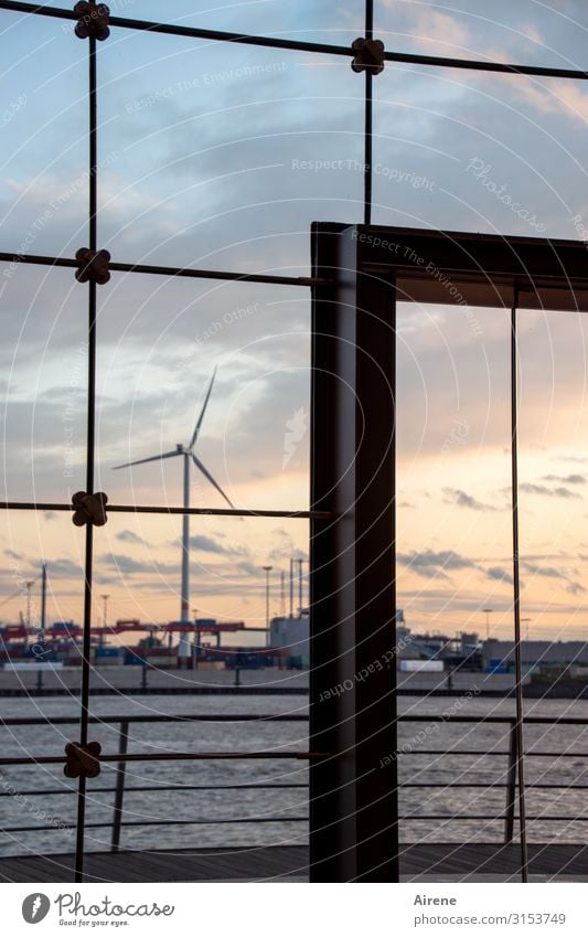 in the frame | UT Hamburg Wind energy plant Industry Sky Sunrise Sunset Port of Hamburg Window Glass door Glas facade Glazing Doorframe Harbour Movement Rotate