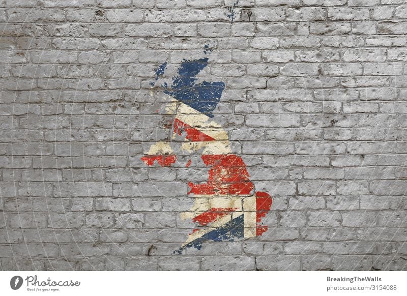 Flag map of Britain painted on brick wall Style Design Art Work of art Painting and drawing (object) Culture Stone Graffiti Faded Blue Gray Red White Map
