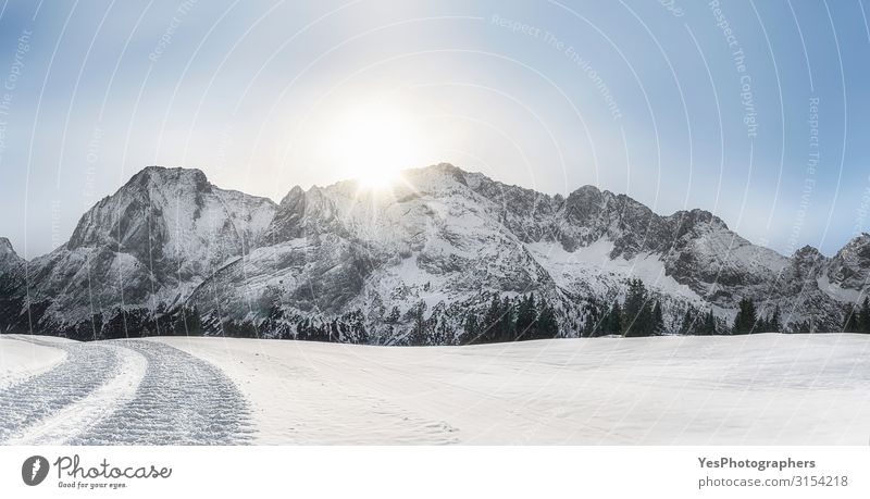 Winter snowy panorama with Alps mountains and snow Snow Mountain Nature Landscape Climate change Weather Beautiful weather Peak Bright White Austrian Alps