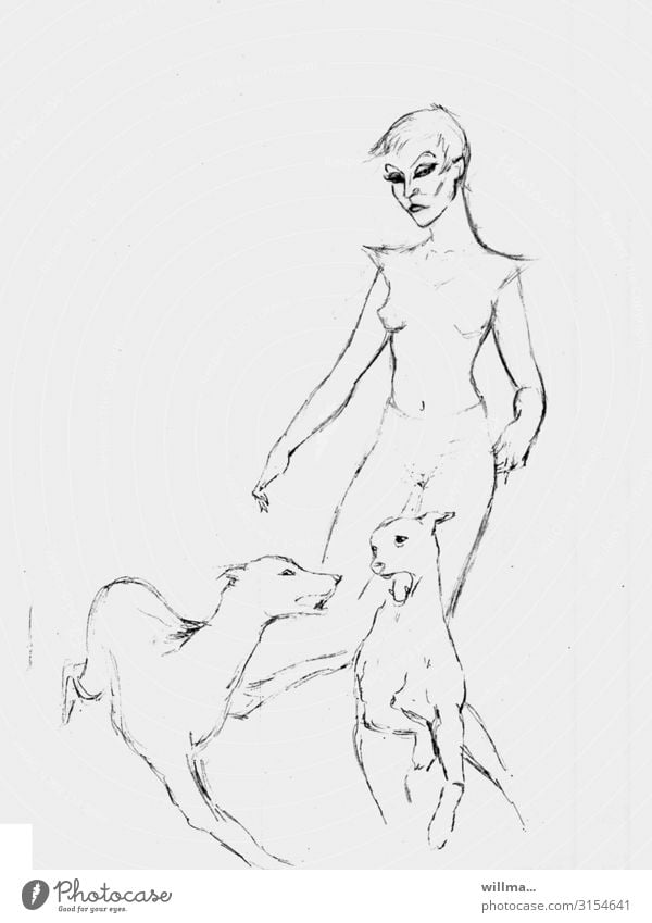 Sketch of a woman with two dogs Drawing Conceptual design Illustration Woman Feminine Dog 2 dog owner Art Dominant Copy Space Neutral Background B/W