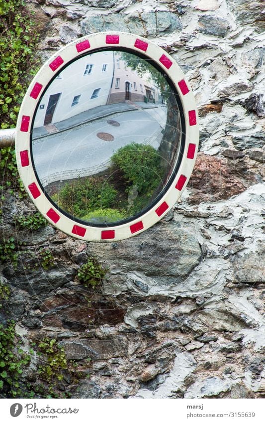 in retrospect Wall (barrier) Wall (building) Stone wall City wall traffic mirrors Mirror Old House wall Reflection Street Overview Review Safety Colour photo