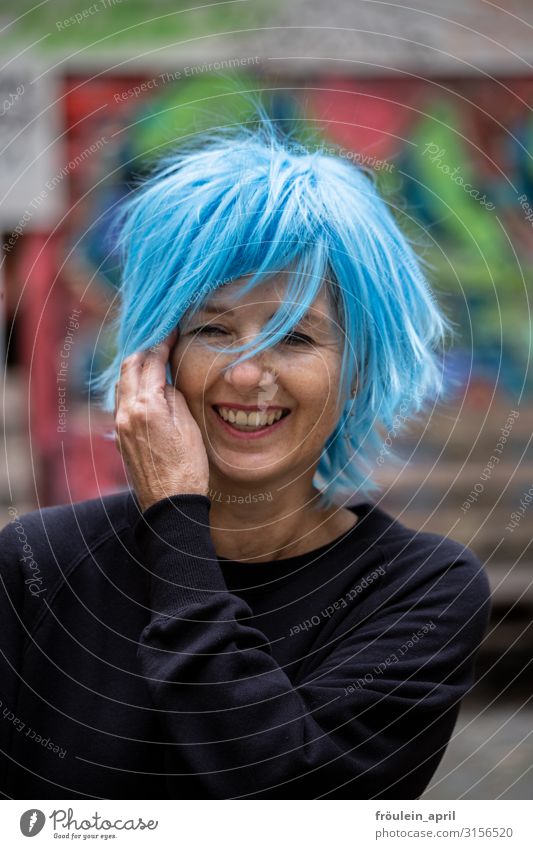 Laughter, life, powder blue 1 person Exterior shot Woman graffiti Portrait format Joie de vivre (Vitality) Wig fun daylight Blue Black urban already Attractive