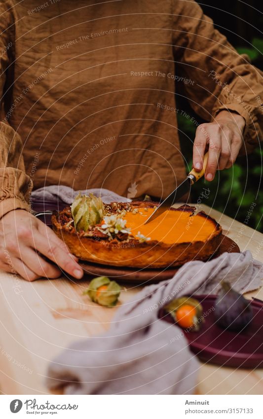 Hand cutting pumpkin pie for rustic Halloween Food Cake Dessert Candy Herbs and spices Nutrition Eating Breakfast Lunch To have a coffee Buffet Brunch Banquet
