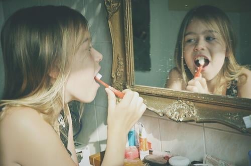 tooth brushing Child Girl Infancy Dental care Toothbrush Face Mirror Toothpaste baroque frames Mirror image Bathroom Teeth Set of teeth Profile Personal hygiene