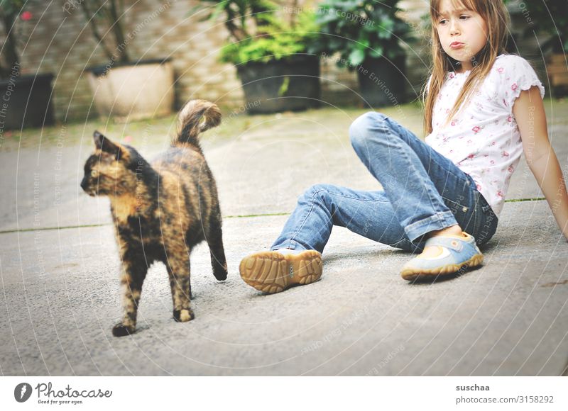 cat goes away Child Girl Cat Domestic cat Farm Courtyard Infancy Childhood memory Animal Pet Sulk Pout Insulted Emotions Sadness Disappointment Cancelation