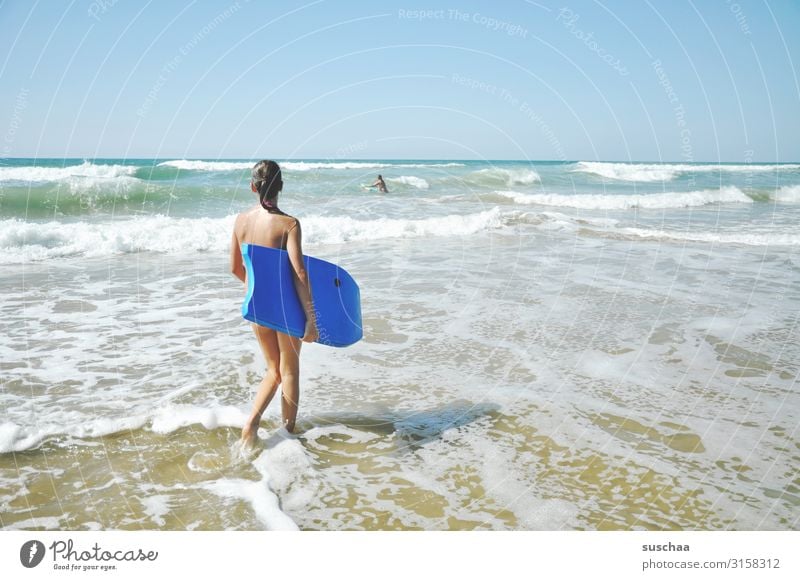 girl with surfboard on the beach Summer vacation free time Sky travel Sunlight Coast Playing Surfboard Horizon Waves Infancy Exterior shot Beach Ocean Water