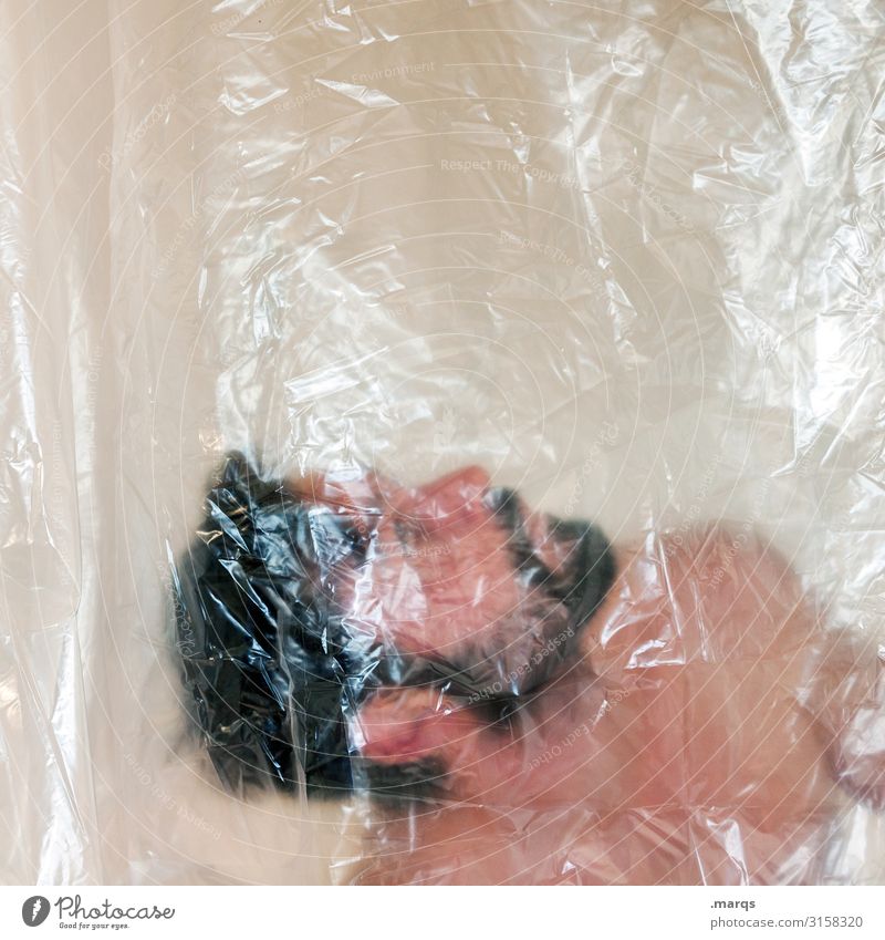 Where is my mind | trapped in plastic Human being Man Facial hair free torso Upward Beard carrier Hazy Packing film Plastic search insulation Quarantine