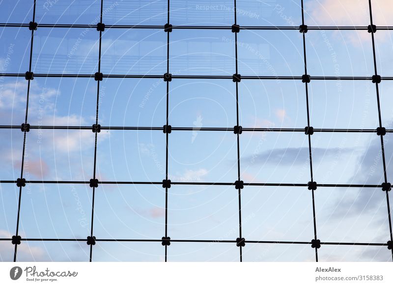 UT HH 19 | Grid and glass panes in front of a blue sky Window Grating Pattern Sky Clouds Boundary Captured Backwards freight collect Far-off places Open Blue