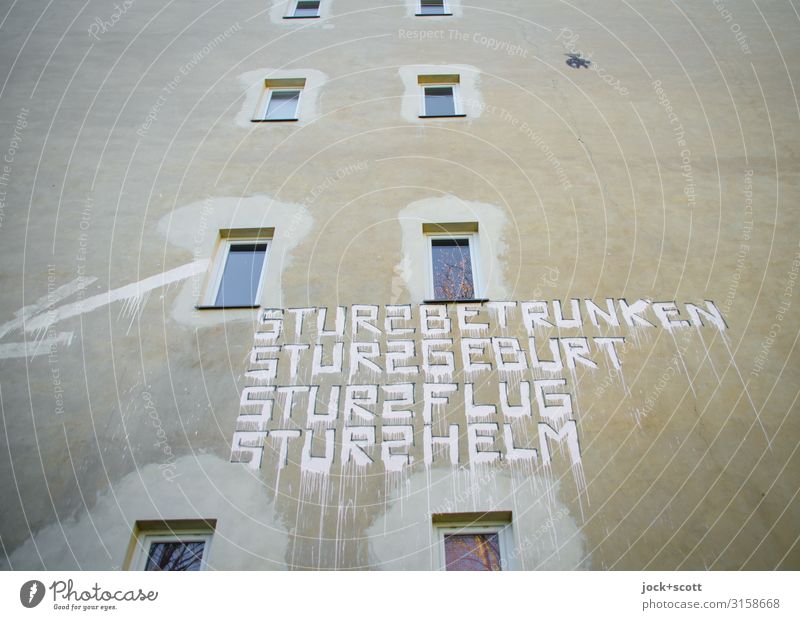 fall in prices Subculture Street art Climate change Prenzlauer Berg Town house (City: Block of flats) Window Fire wall Arrow Word Sudden fall Sequence