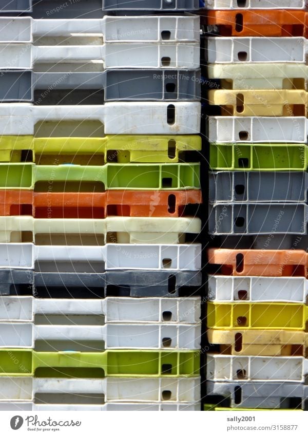 stapled Crate Containers and vessels Multicoloured Plastic Stack pile staple goods Fishery Empty Bowl Harbour Many Mount up Colour photo Detail Day